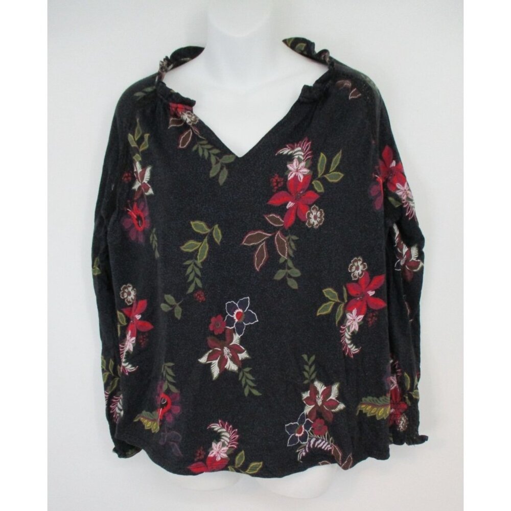 Fat Face Womens Size US 12 Black Floral Blouse Smocked Long Sleeves